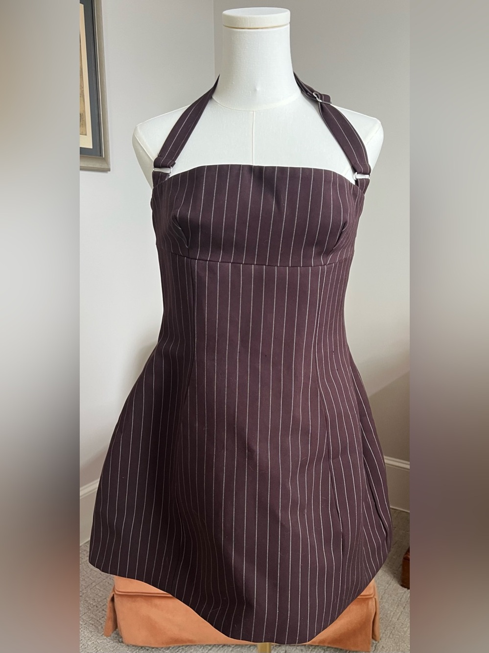 Oh Polly Brown Pinstripe One-Shoulder Halter Dress